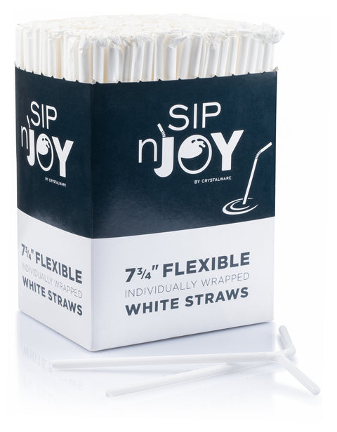 7.75" White Flexible Plastic Straws, Individually Wrapped