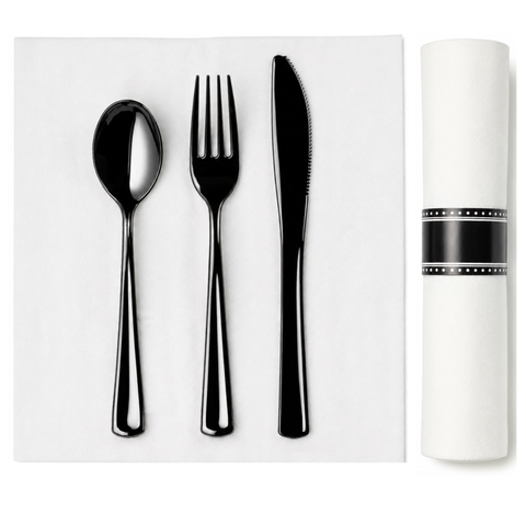 Black Heavy Weight PS Cutlery Kits With Linen Napkin, Plastic Wrapped