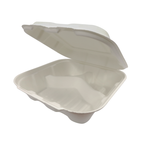 9" Compostable Bagasse 3-Compartment Clamshell Container