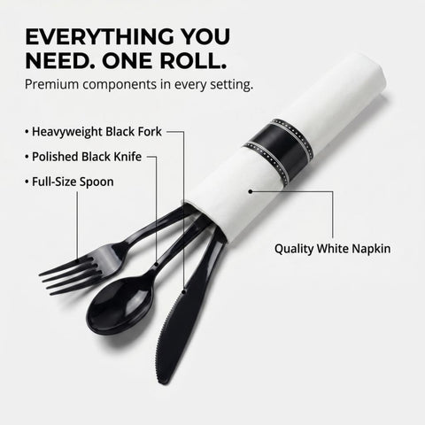 Black Heavy Weight PS Cutlery Kits With Linen Napkin, Plastic Wrapped