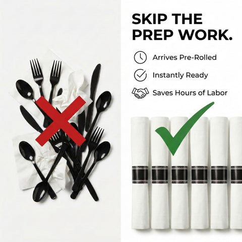 Black Heavy Weight PS Cutlery Kits With Linen Napkin, Plastic Wrapped