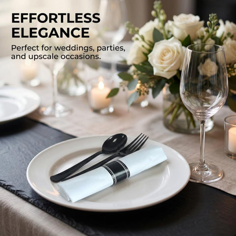 Black Heavy Weight PS Cutlery Kits With Linen Napkin, Plastic Wrapped