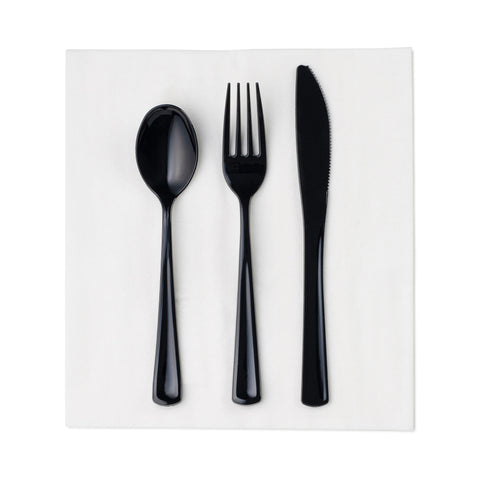 Black Heavy Weight PS Cutlery Kits With Linen Napkin, Plastic Wrapped