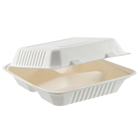 9" Compostable Bagasse 3-Compartment Clamshell Container