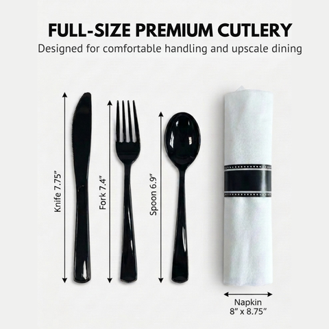 Black Heavy Weight PS Cutlery Kits With Linen Napkin, Plastic Wrapped